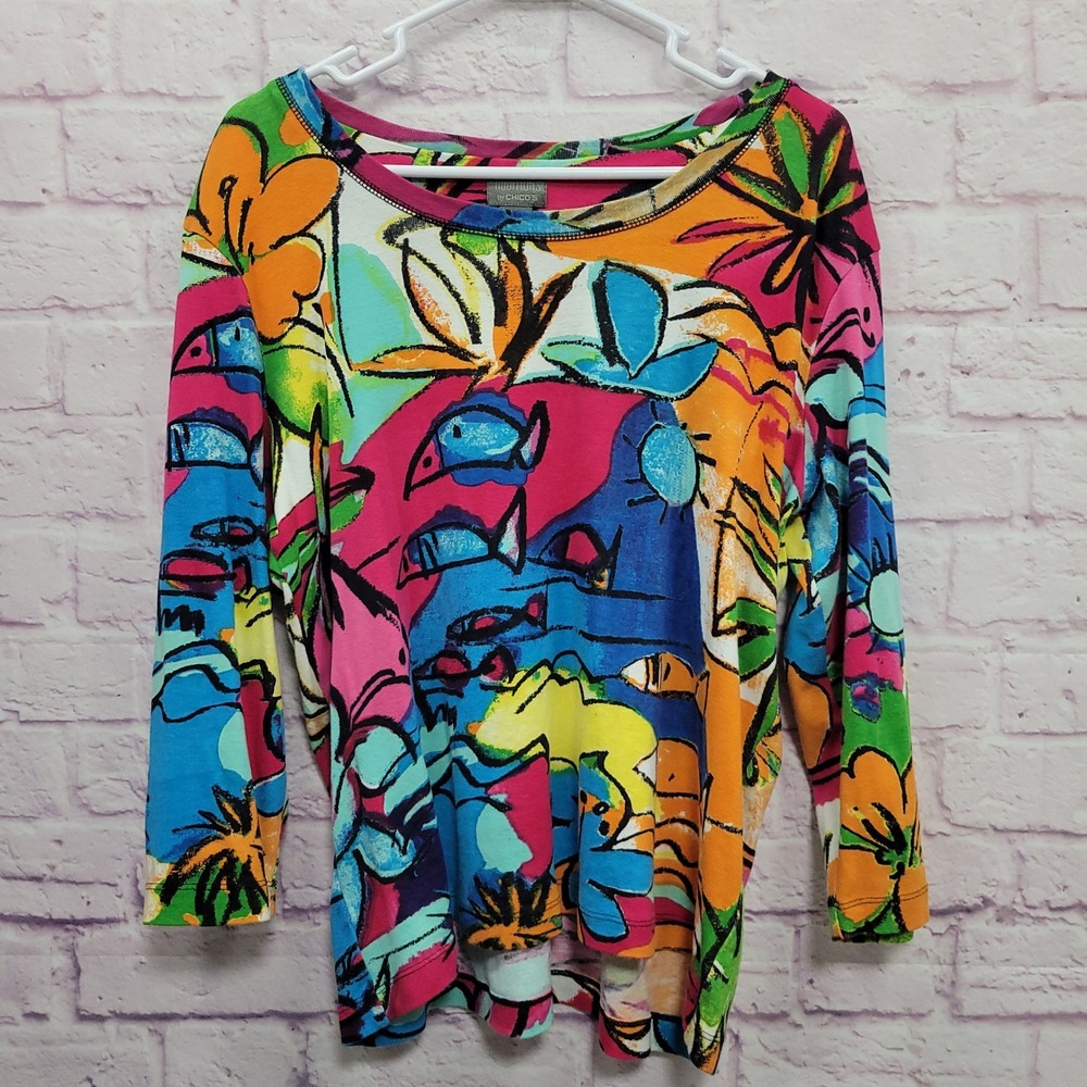 Additions by Chicos Tropical Graphic Art Blouse 3/XL/16 3/4 Sleeve Indie Coastal